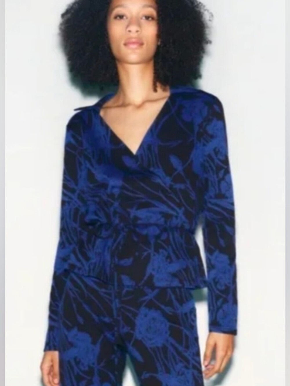 Zara Blue and Black Jacquard Floral Wrap Top